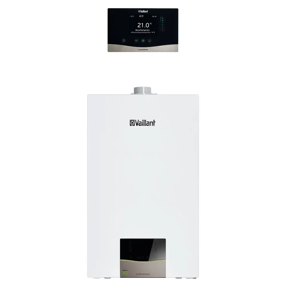 Vaillant Heizungsanlage in weißer Ausführung mit digitalem Thermostat, Anzeige der Raumtemperatur und Steuerungselementen an der Vorderseite.